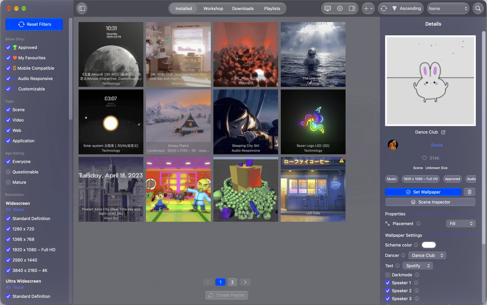 The Installed tab with the filter sidebar open: Show Only, Type, Age Rating set to Everyone only, and resolution filters; Details shows the Dance Club wallpaper.