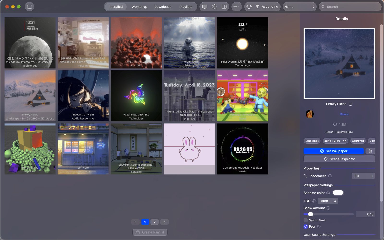 The main window's Installed tab: a grid of wallpaper thumbnails, with the Details inspector showing Snowy Plains, its tags, Set Wallpaper, Scene Editor (Live) and its wallpaper settings.
