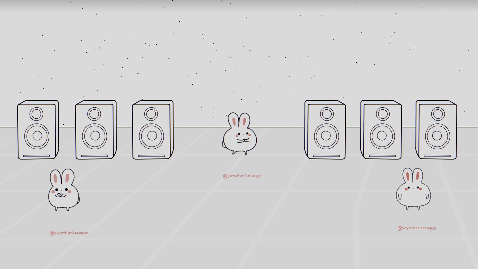 The Dance Club audio-responsive scene wallpaper on the desktop: cartoon rabbits between rows of speakers.