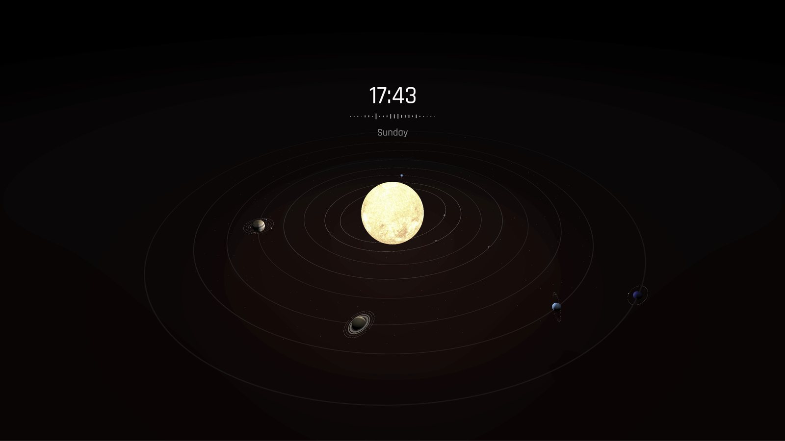 The Solar System 3D scene wallpaper on the desktop: planets orbiting a glowing sun beneath a clock and date.