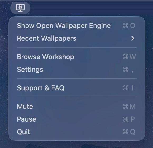 The Open Wallpaper Engine menu bar menu, open: Show Open Wallpaper Engine, Recent Wallpapers, Browse Workshop, Settings, Support and FAQ, Mute, Pause and Quit.