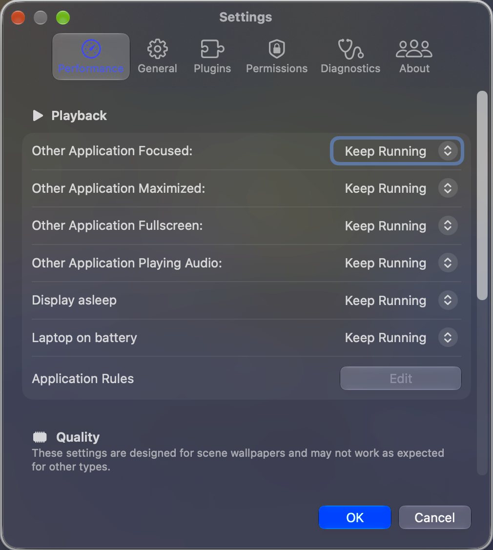 The Settings window on the Performance page, with playback rules for focused, maximized, fullscreen and audio-playing apps, display sleep and battery.